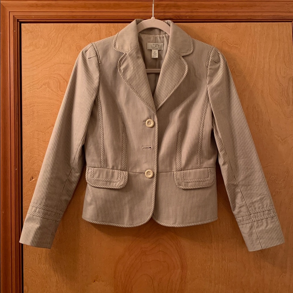 LOFT Beige and Brown Lined Pinstripe Blazer with Buttons